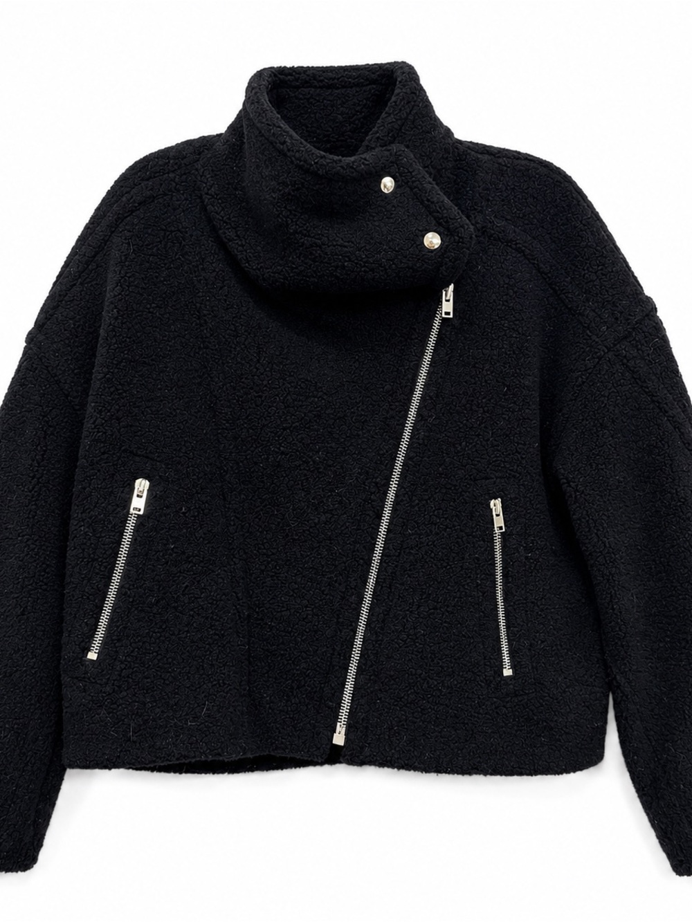 IRO Paris Black Teddy Moto Jacket Wool Blend Size 38